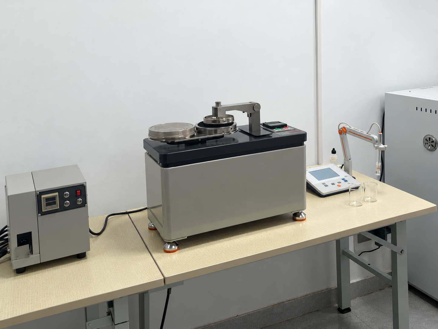 Fabric testing equipment on a quality-control workbench